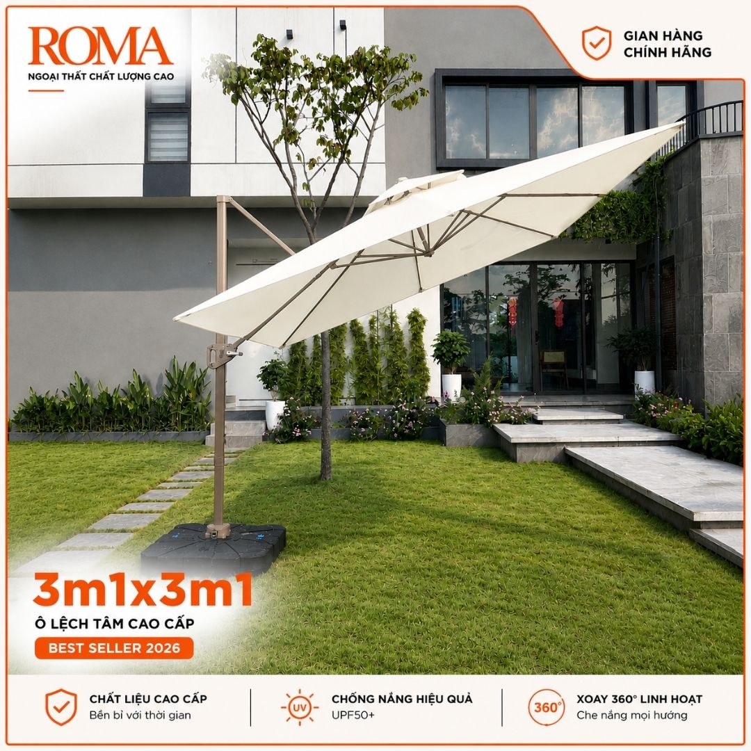 Kích thước tán ô dù lệch tâm vuông ROMA R08 là 3m1 x 3m1