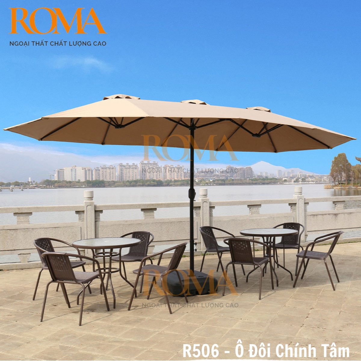 Ô dù chính tâm chữ nhật 4m7 ROMA R07 che hai bộ bàn ghế ngoài trời