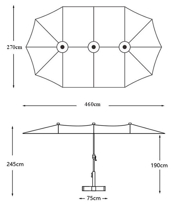 Kích thước ô dù chính tâm chữ nhật 4m7 ROMA R07 - tán đôi 460 x 270cm