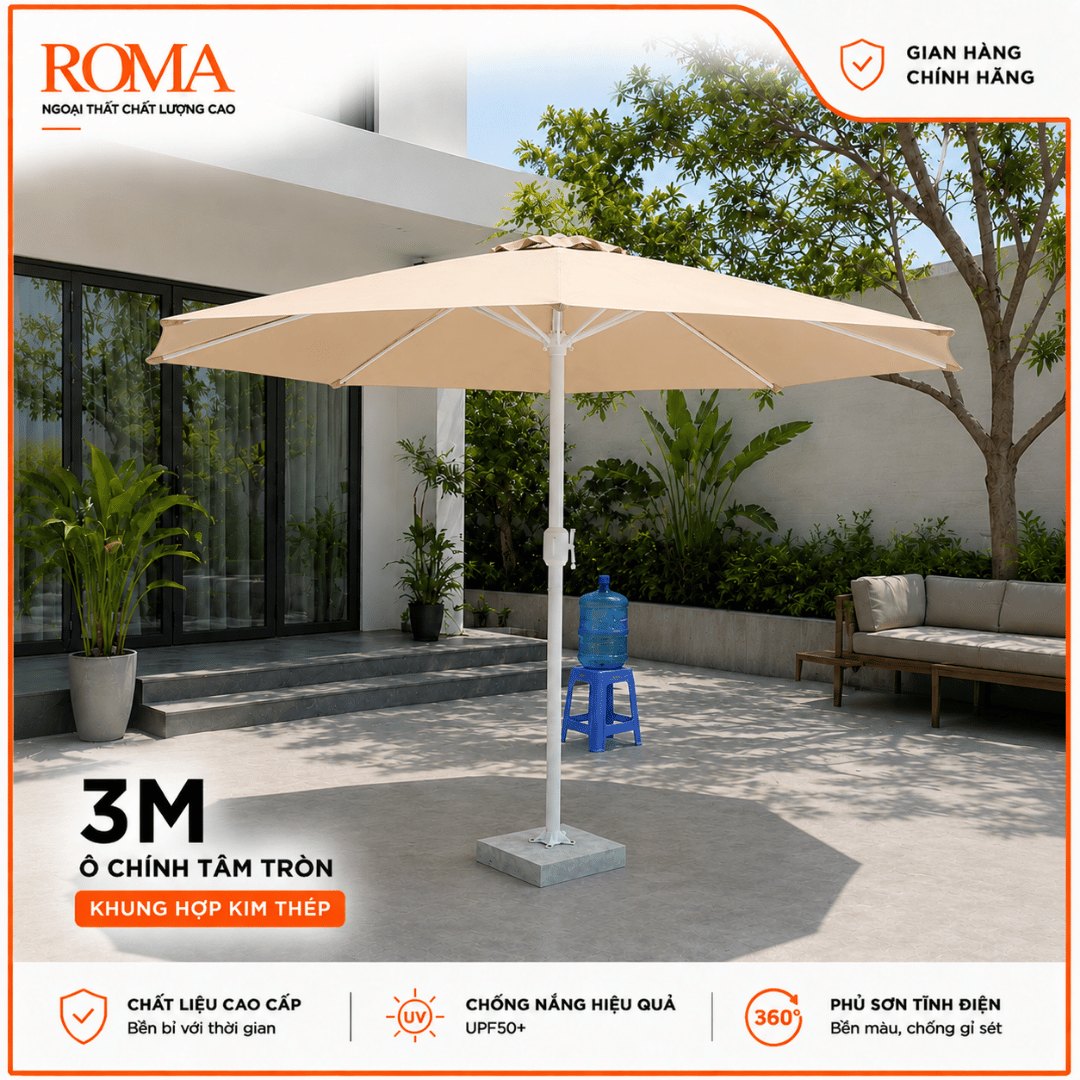 Kích thước ô dù chính tâm tròn đường kính 3m ROMA R09 khung thép Kích thước ô dù chính tâm tròn đường kính 3m ROMA R09 khung thép