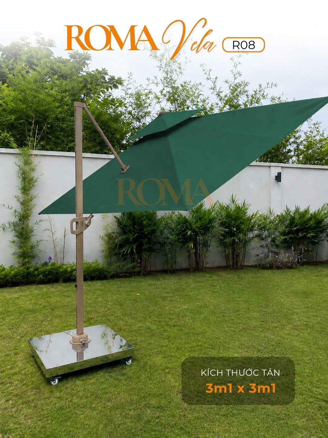 Ô dù lệch tâm 3m ROMA lắp chân đế inox có bánh xe di chuyển