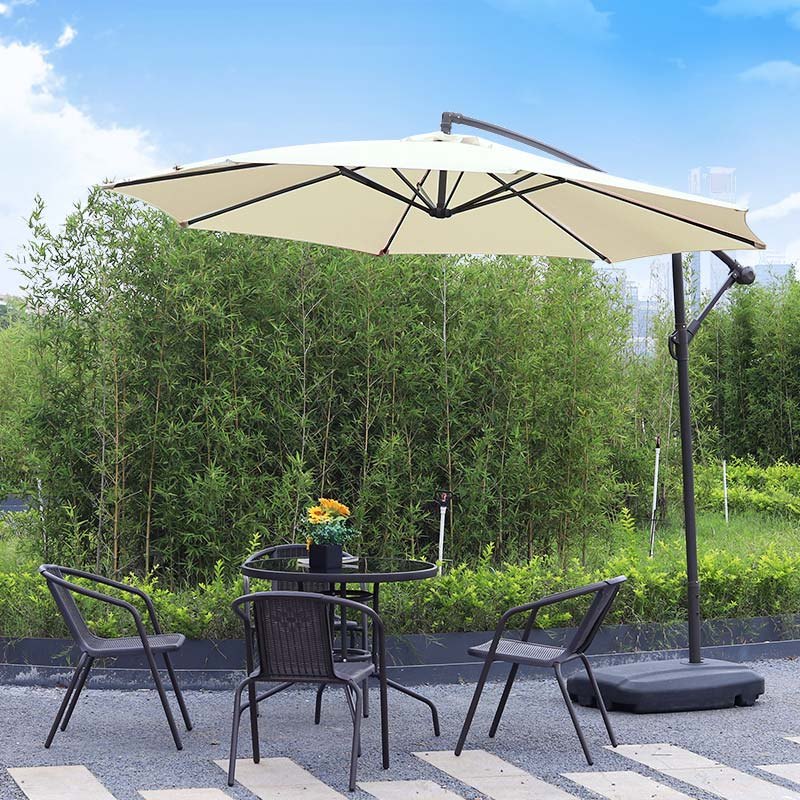 Ô dù lệch tâm tròn 3m màu trắng kem che bộ bàn cafe tròn ngoài trời