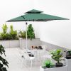 Ô lệch tâm vuông 2m5 màu xanh rêu che bộ bàn cafe tròn ngoài trời