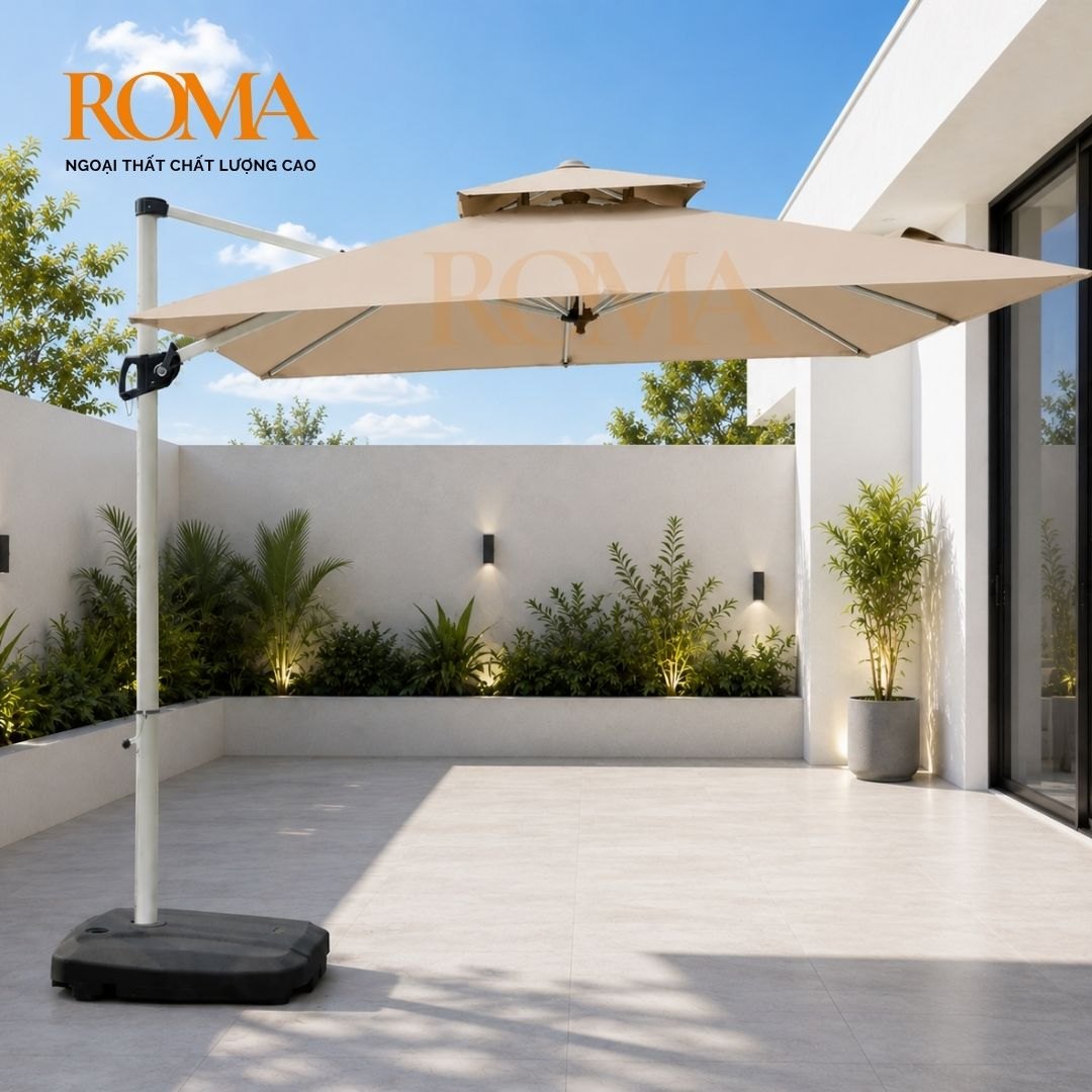 Ô dù lệch tâm vuông 2m5 ROMA R12 màu be, khung thép sơn tĩnh điện