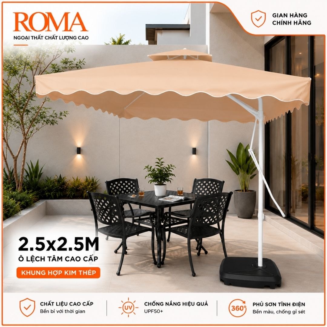 Kích thước tán ô dù lệch tâm vuông 2m5 x 2m5 ROMA R06 khung thép