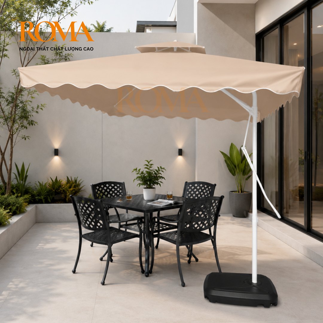 Ô dù lệch tâm vuông 2m5 tay đẩy ROMA R06 màu be, có viền trang trí