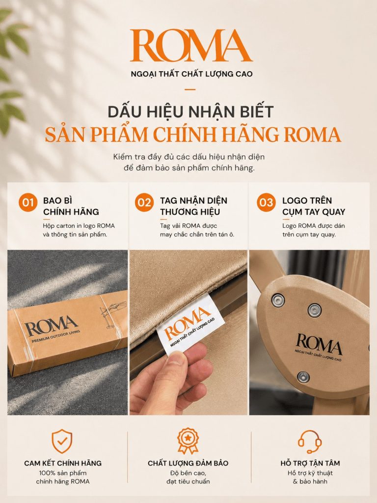 Cách phân biệt ô dù ROMA chính hãng qua tem logo trên vải và bao bì